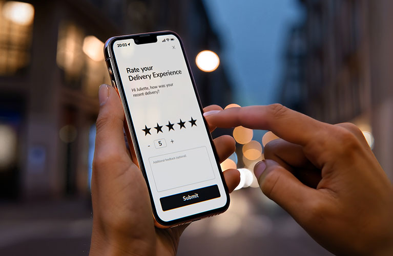 Person holding phone with rate your delivery experience